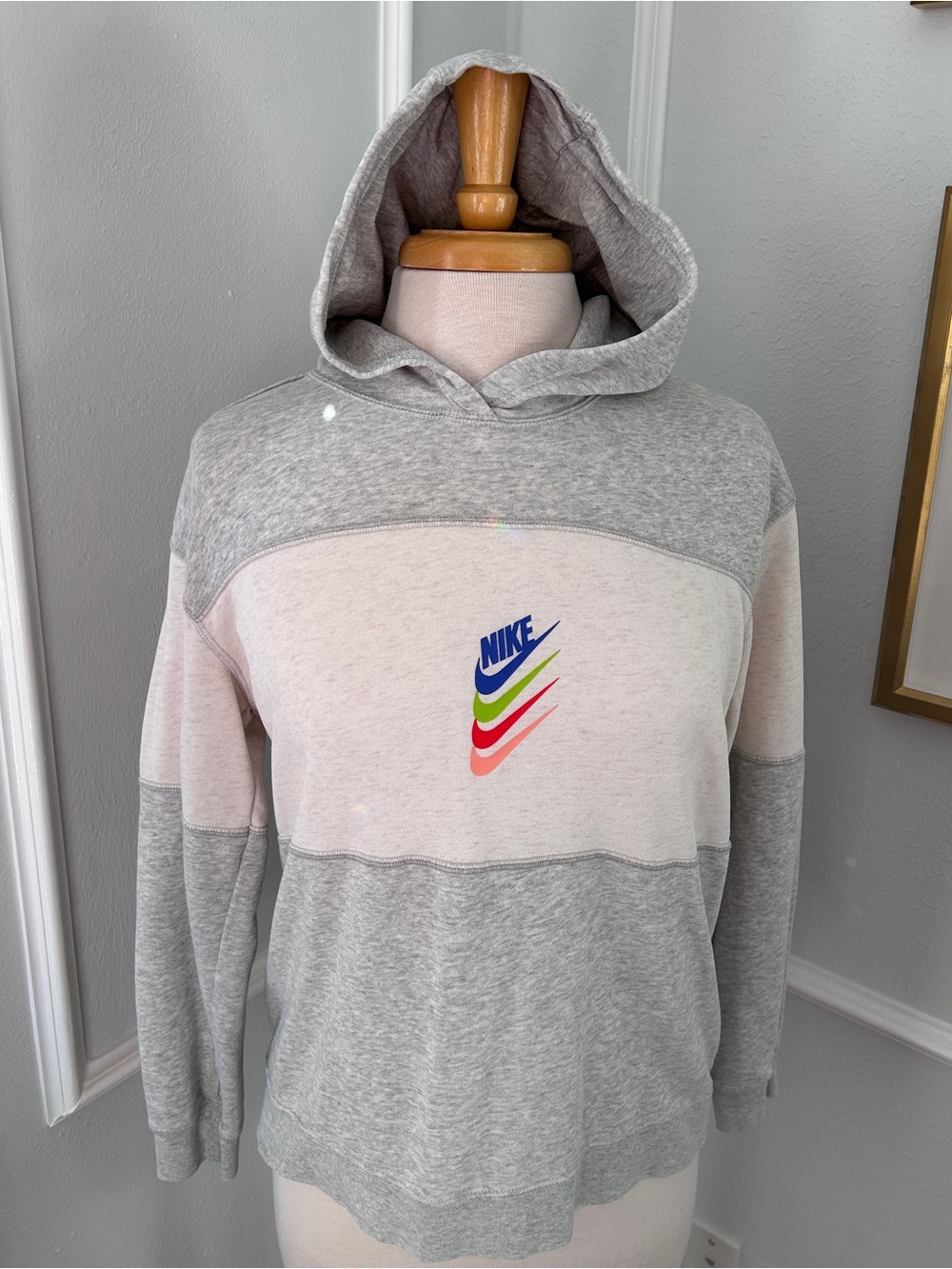 Nike Colorblock Gray Pullover Hoodie with Multicolor Swoosh